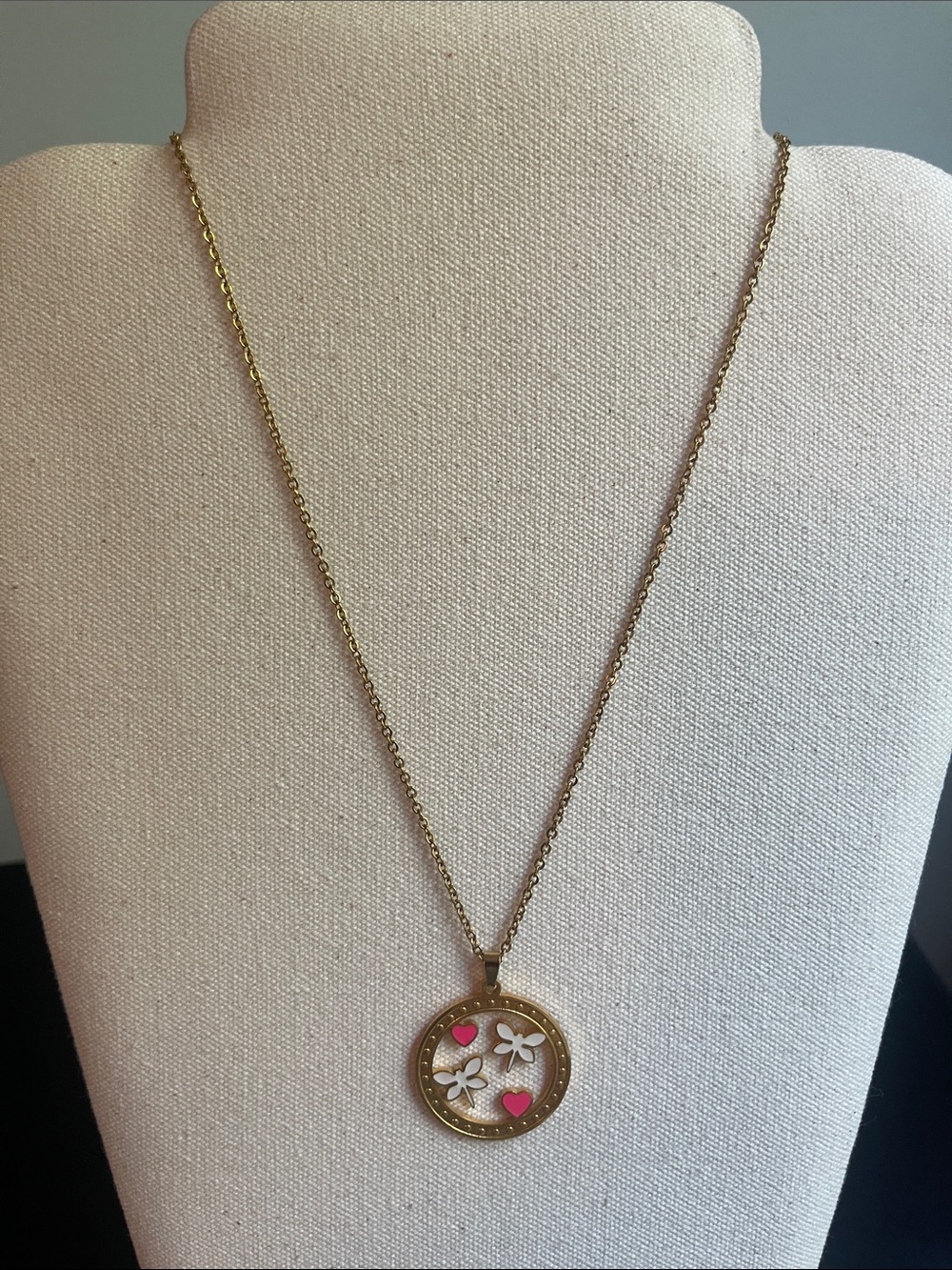 Gold-Tone Pendant Necklace with Pink Heart and White Flower Accents